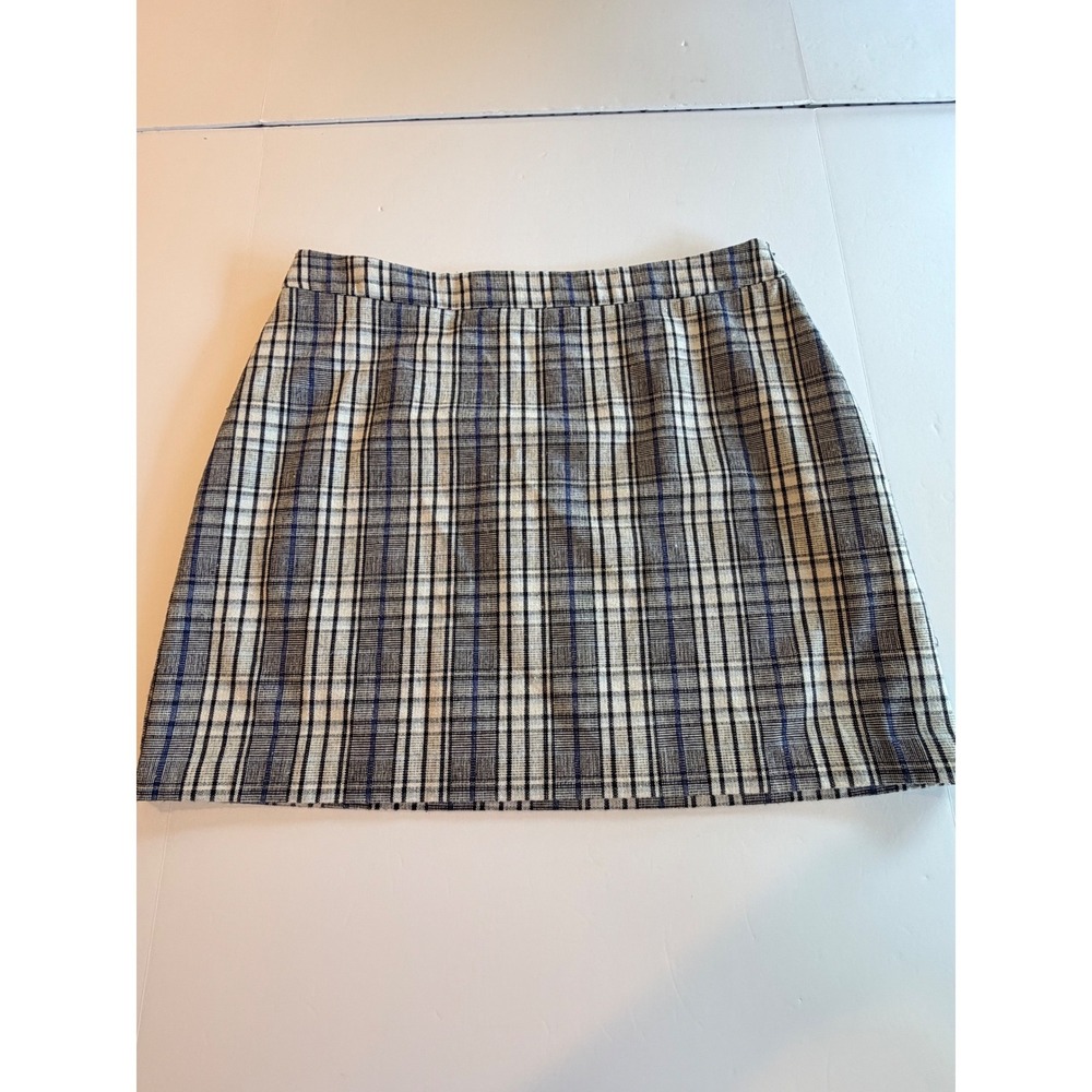 Nine West Plaid Mini Skirt XL Gray Blue White Wool Blend A-Line Lined Academic